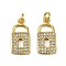 Brass Micro Pave Cubic Zirconia Pendants, Lock Charms, Long-Lasting Plated, Cadmium Free & Lead Free, Rack Plating, with Jump Ring, Real 18K Gold Plated, 15x7.5x2mm, Hole: 2mm