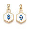 Brass Pave Natural Shell Hexagon Pendants, Dodger Blue Enamel Evil Eye Charms, Real 18K Gold Plated, 21x13x3.5mm, Hole: 5x2mm