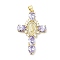 Rack Plating Brass Micro Pave Cubic Zirconia Pendants, Cadmium Free & Lead Free, Real 18K Gold Plated, Cross with Saint, Lilac, 45.5x29x6mm, Hole: 4x6mm