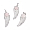 Natural Rose Quartz Pendants, with Platinum Tone Brass Findings, Wing, 47x16x7.5mm, Hole: 7x5mm