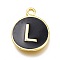 Brass Enamel Pendants, Long-Lasting Plated, Black, Golden, Flat Round, Letter.L, 16.5x13x2mm, Hole: 1.5mm