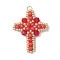 Glass Seed Beaded Cross Pendants, with Glass & 304 Stainless Steel Jump Rings, Real 18K Gold Plated, Red, 32.5x26x4.5mm, Hole: 3mm