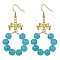 Imitation Jade Glass Beaded Ring Dangle Earrings, Golden Alloy Bowknot Long Drop Earrings, Sky Blue, 63x32mm