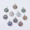 Natural & Synthetic Mixed Stone Pendants, with Brass Findings, Flat Round with Tree of Life, Platinum, 31~32x27x8~9mm, Hole: 5x7mm
