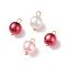 Glass Pearl Pendants, with Golden Plated Brass Findings, Round, Red, 11x8.5mm, Hole: 5mm