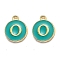Golden Plated Alloy Enamel Charms, Enamelled Sequins, Flat Round with Alphabet, Letter.O, Green, 14x12x2mm, Hole: 1.5mm