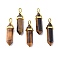Natural Yellow Tiger Eye Pointed Pendants, with Random Brass Pendant Hexagon Bead Cap Bails, Golden, Bullet, 38.5~40x12~12.5x10~11mm, Hole: 3x4.5mm
