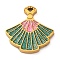 304 Stainless Steel Enamel Charms, Fan Charm, Golden, Ion Plating(IP), Medium Sea Green, 14x14x2mm, Hole: 1mm