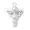 Pearlized Glass Pearl Bead Pendants, Angel Charms, with Alloy Wings and Copper Wire, White, 31x22x8mm, Hole: 4mm