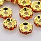 Brass Rhinestone Spacer Beads, Grade AAA, Wavy Edge, Nickel Free, Golden Metal Color, Rondelle, Hyacinth, 6x3mm, Hole: 1mm