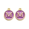 Golden Plated Alloy Enamel Charms, Enamelled Sequins, Flat Round with Alphabet, Letter.M, Purple, 14x12x2mm, Hole: 1.5mm