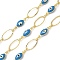 Rack Plating Brass Enamel Link Chains, Long-Lasting Plated, Unwelded, Real 18K Gold Plated, Oval with Evil Eye, Deep Sky Blue, 13~13.5x5~7x0.8~4mm