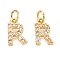 Brass Micro Pave Clear Cubic Zirconia Charms, Cadmium Free & Nickel Free & Lead Free, with Jump Rings, Real 18K Gold Plated, Letter, Letter R, 11~12x5.5~9x2.5mm, Hole: 3mm