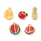 Rack Plating Brass Enamel Pendants, with Jump Ring, Long-Lasting Plated, Real 18K Gold Plated, Cadmium Free & Lead Free, Fruits Charm, Watermelon/Durian/Apple, Mixed Color, 16~17x12~13x7~8mm, Hole: 4mm