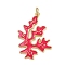 Brass Enamel Pendants, Coral Shape, with Jump Ring, Rack Plating, Long-Lasting Plated, Cadmium Free & Lead Free, Real 18K Gold Plated, Camellia, 28x21.5x2mm, Hole: 3mm