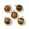 Natural Tiger Eye Faceted Flat Round Charms, with Rack Plating Brass Settings, Long-Lasting Plated, Golden, 14.5x12x5.5mm, Hole: 1.4mm