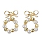 Ring & Bowknot Brass Dangle Stud Earrings, Shell Pearl Beaded Drop Earrings, Golden, 23x16mm