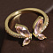 Butterfly Brass Micro Pave Cubic Zirconia Cuff Rings, Golden, Pearl Pink, 11mm, Inner Diameter: 17~19mm