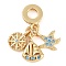 Rack Plating Brass Cubic Zirconia European Dangle Charms, Helm & Sailboat & Starfish Large Hole Pendants, Real 18K Gold Plated, Long-Lasting Plated, Cadmium Free & Lead Free, Light Blue, 26mm, Hole: 4.5mm