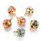Brass Enamel Charms, with Jump Rings, Real 16K Gold Plated, Nickel Free, Round with Heart, Mixed Color, 14.5x13x13mm, Jump Ring: 5x1mm, 3mm inner diameter